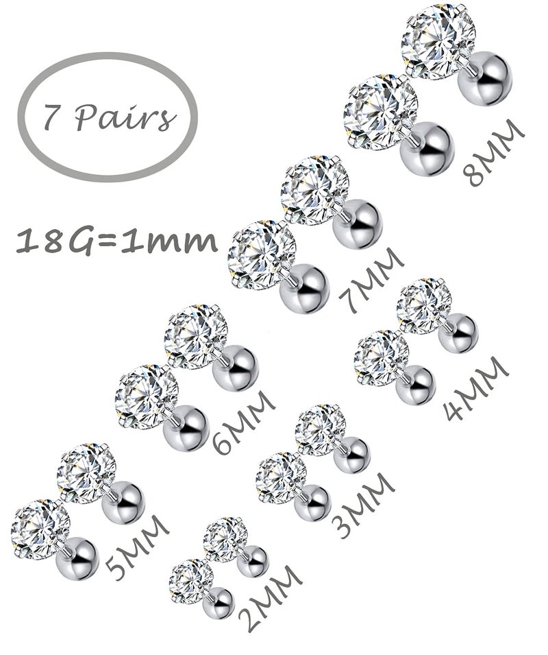Tornito 7 Pairs 18G Stainless Steel Stud Earrings Round Cubic Zirconia Barbell Earring Set for Men Women 2MM-8MM Silver Tone - Image 2