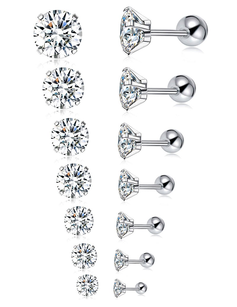 Tornito 7 Pairs 18G Stainless Steel Stud Earrings Round Cubic Zirconia Barbell Earring Set for Men Women 2MM-8MM Silver Tone - Image 1