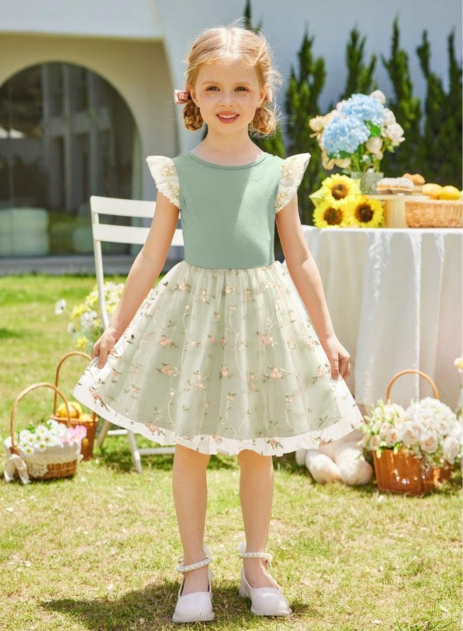 Arshiner Toddler Fairy Dress Summer Flower Tutu Tulle Tie Back Flutter Sleeve Floral Wedding Easter Little Girl Dresses Sage Green 4t - Image 5