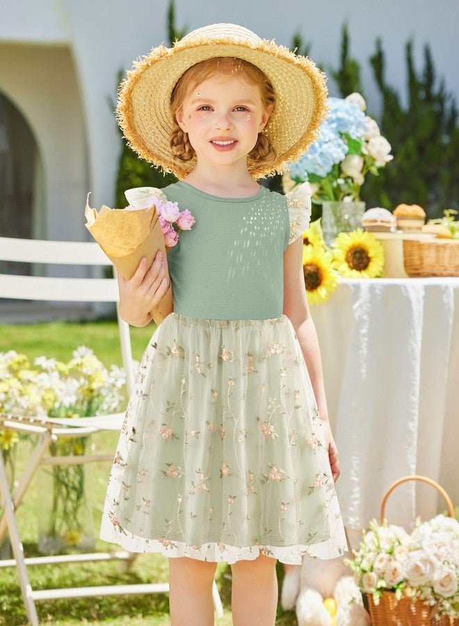 Arshiner Toddler Fairy Dress Summer Flower Tutu Tulle Tie Back Flutter Sleeve Floral Wedding Easter Little Girl Dresses Sage Green 4t - Image 2