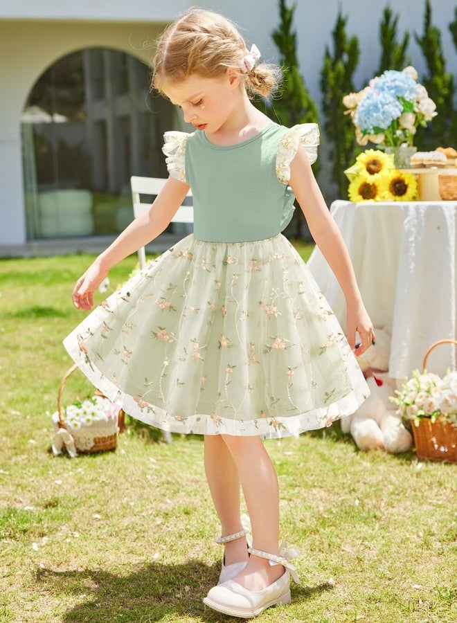Arshiner Toddler Fairy Dress Summer Flower Tutu Tulle Tie Back Flutter Sleeve Floral Wedding Easter Little Girl Dresses Sage Green 4t - Image 4