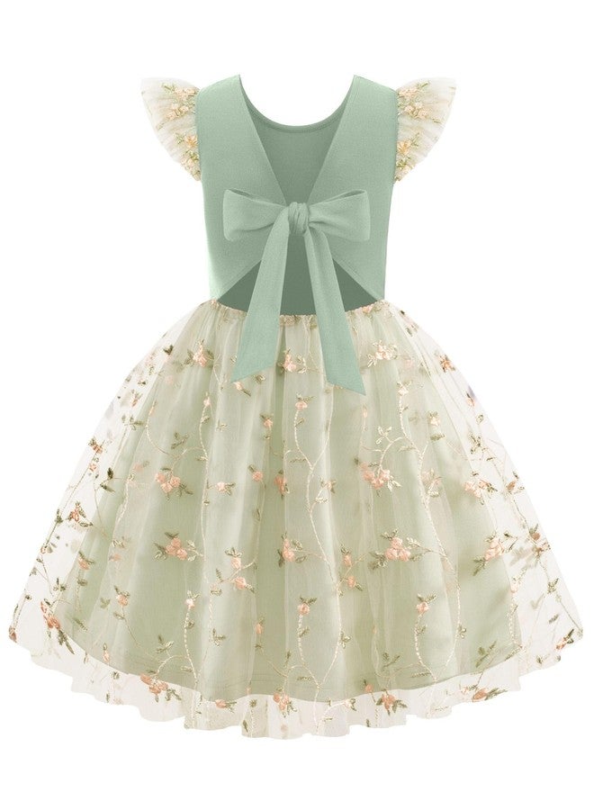 Arshiner Toddler Fairy Dress Summer Flower Tutu Tulle Tie Back Flutter Sleeve Floral Wedding Easter Little Girl Dresses Sage Green 4t - Image 1