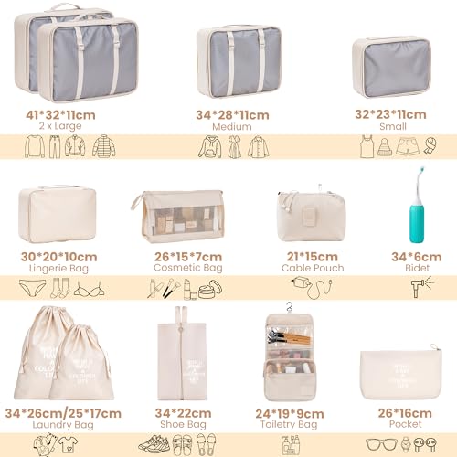 OCEANEVO Set of 13 Packing Cubes with Portable Travel Bidet | Travel Organizer Bags for Luggage, Suitcase, Includes Mesh Bags, Lingerie & Shoe Bag, Cosmetic Pouch, Toiletry Bag - Image 2