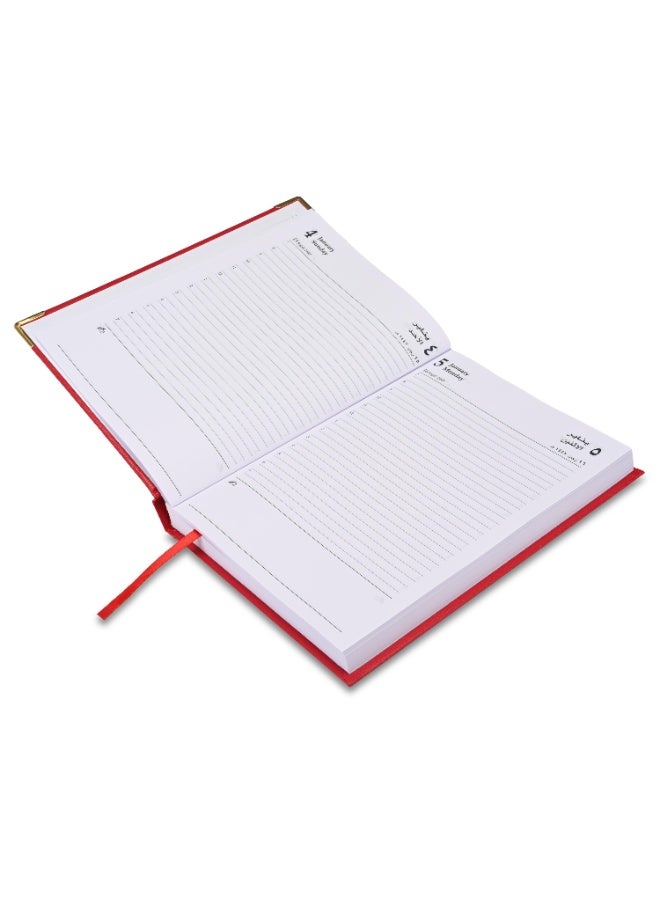 FIS مفكرة A5 2026، حجم 148x210 مم، غلاف فينيل مبطن من جهة واحدة، تنسيق يوم في صفحة، زوايا ذهبية، ورق أبيض 60 جرام، إنجليزي/عربي، غلاف أحمر - FSDI22AE26RE - Image 4