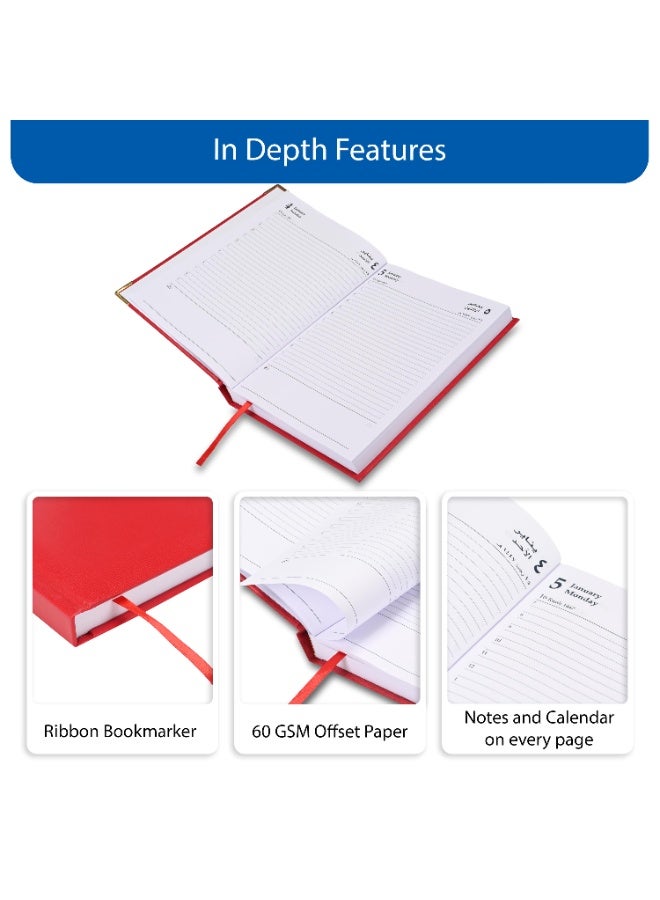 FIS مفكرة A5 2026، حجم 148x210 مم، غلاف فينيل مبطن من جهة واحدة، تنسيق يوم في صفحة، زوايا ذهبية، ورق أبيض 60 جرام، إنجليزي/عربي، غلاف أحمر - FSDI22AE26RE - Image 5