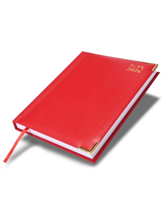 FIS مفكرة A5 2026، حجم 148x210 مم، غلاف فينيل مبطن من جهة واحدة، تنسيق يوم في صفحة، زوايا ذهبية، ورق أبيض 60 جرام، إنجليزي/عربي، غلاف أحمر - FSDI22AE26RE - Image 1