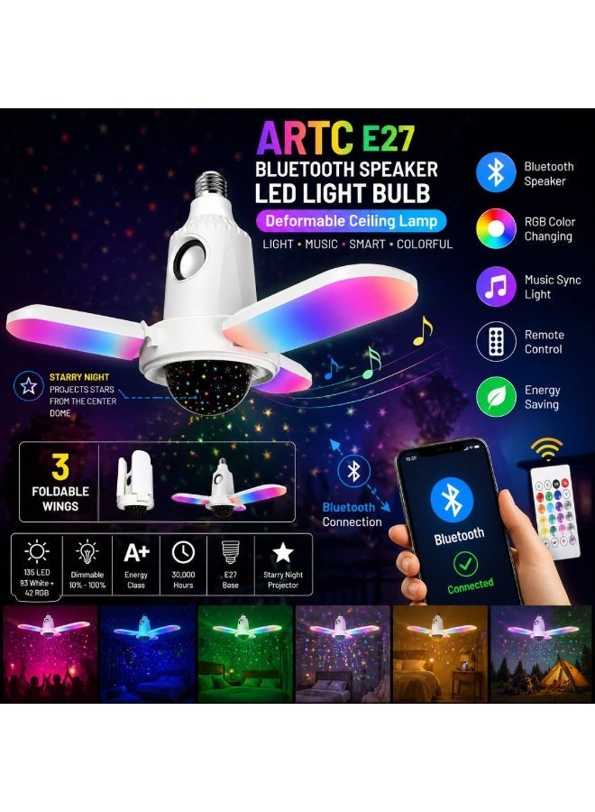 مصباح سقف E27 بتقنية البلوتوث من ARTC، مكبر صوت، ألوان RGB متغيرة - مصباح LED قابل للتشكيل بثلاثة أجنحة مع النجوم الداكنة، إضاءة ذكية متزامنة مع الموسيقى مع جهاز تحكم عن بعد، مثالي للرقص، المنزل، غرفة النوم، التخييم، الديكور الخارجي والحدائق - Image 1