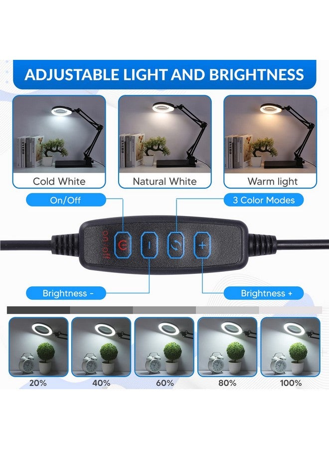 YOCTOSUN Magnifying Glass With Light And Stand 10X Magnifying Lamp With Clamp 5" Large Optical Glass Lens 3 Color Modes Stepless Dimmable Adjustable Swivel Arm Desk Magnifier For Hobby Reading - Image 2