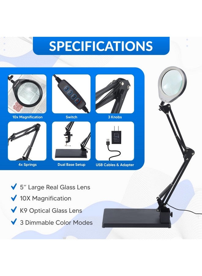 YOCTOSUN Magnifying Glass With Light And Stand 10X Magnifying Lamp With Clamp 5" Large Optical Glass Lens 3 Color Modes Stepless Dimmable Adjustable Swivel Arm Desk Magnifier For Hobby Reading - Image 3