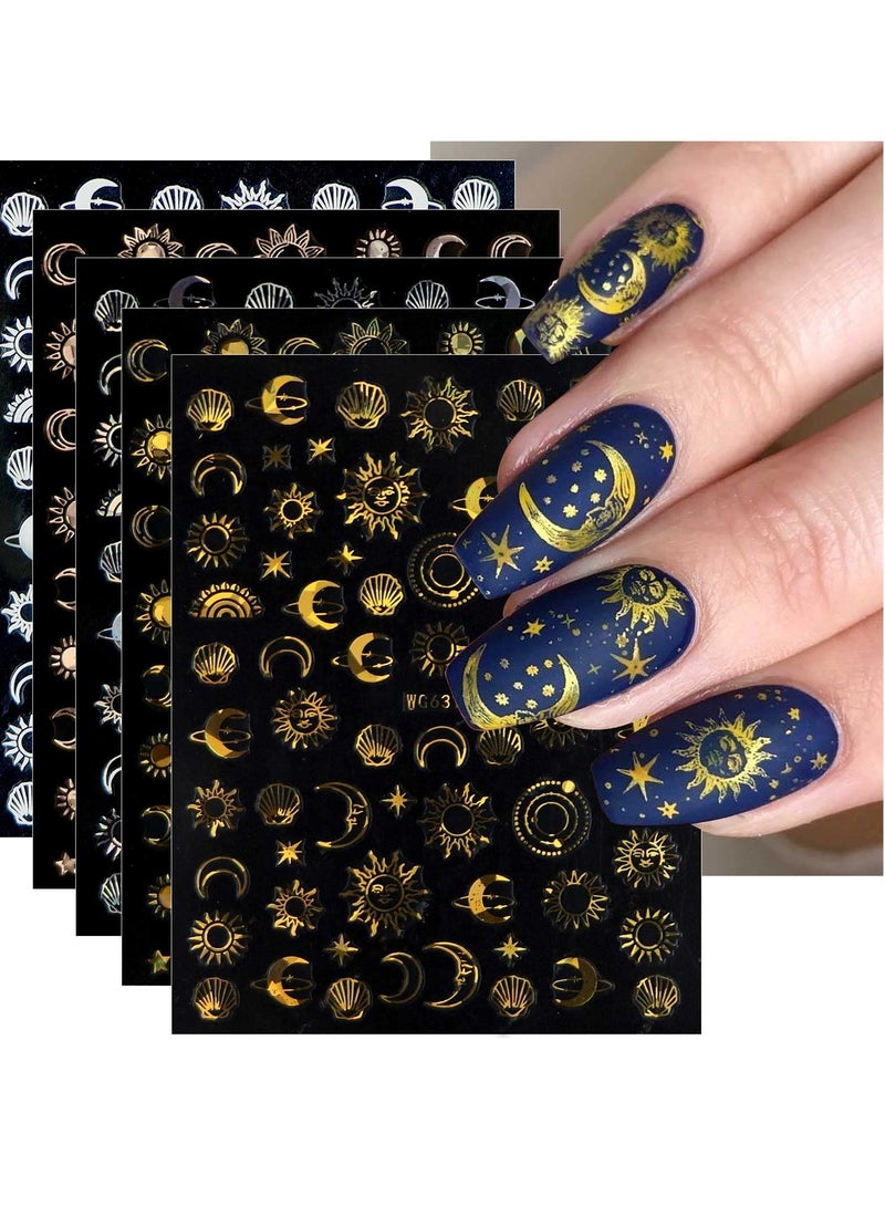 SYOSI 10 Sheets Moon Star Sun Nail Art Stickers, Self-Adhesive Colorful Rose Gold Nail Decals, Nail Supplies for Nail Art Design Decoration Accessories  - Image 1