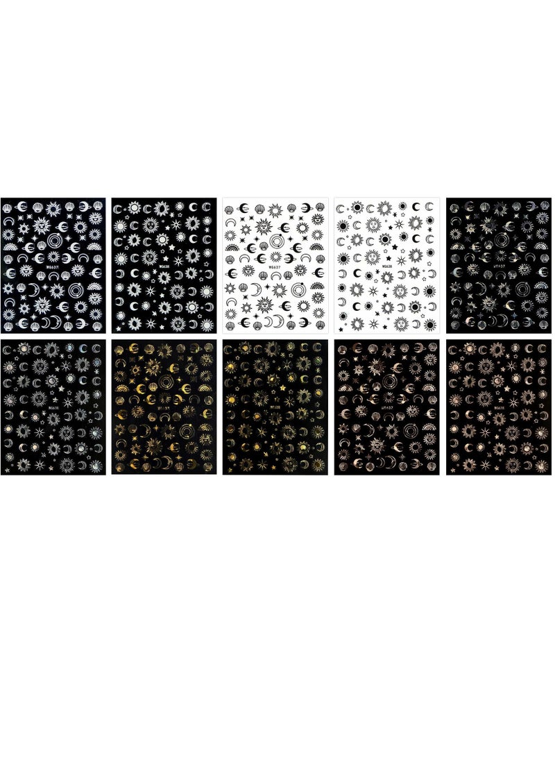 SYOSI 10 Sheets Moon Star Sun Nail Art Stickers, Self-Adhesive Colorful Rose Gold Nail Decals, Nail Supplies for Nail Art Design Decoration Accessories  - Image 2