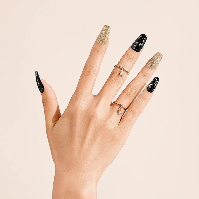 Goldfinger Gold Finger Gel Glam Press On Design Nail Kit Black and Gold Artsy Design Polish Free Manicure Long Length GD16 Long lasting Sturdy Mini Glue Included - Image 3