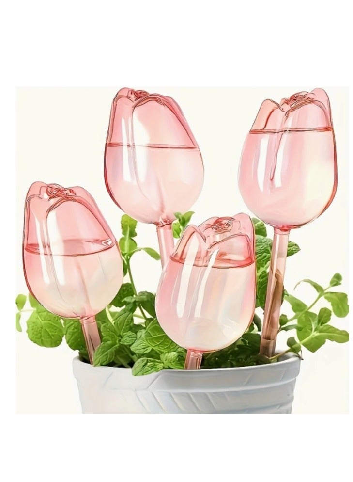 OASIS-TH 4 Pcs Tulips Self Plant Watering Globes, Glass Self Watering Planter Insert, Automatic Plant Waterer Devices Indoor Outdoor (Pink) - Image 1