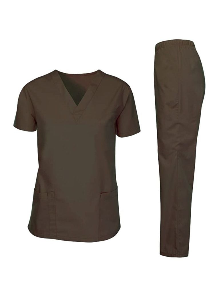 Rannah's Closet Scrubs Medical Uniform Unisex Top and Pants Brown Nurse Suit Set 