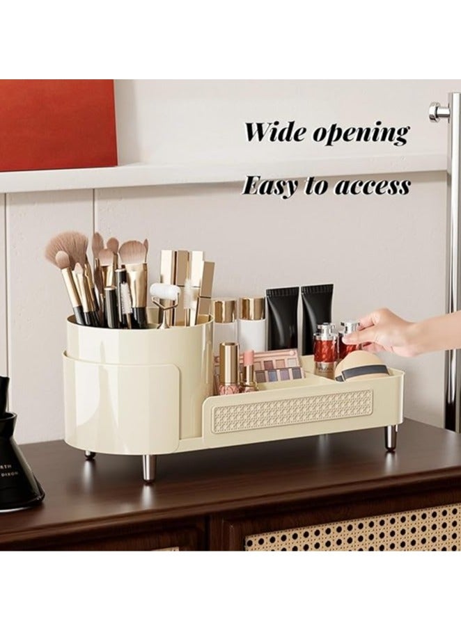 Arabest 360° Rotating Makeup Organizer with Large Capacity for Brushes, Lipsticks & Cosmetics – 2-in-1 Bathroom Vanity Storage Box, Beige Plastic Design, Multi-Functional Beauty Display Organizer, Vanity Accessories(Cream Tea Brown) - Image 3