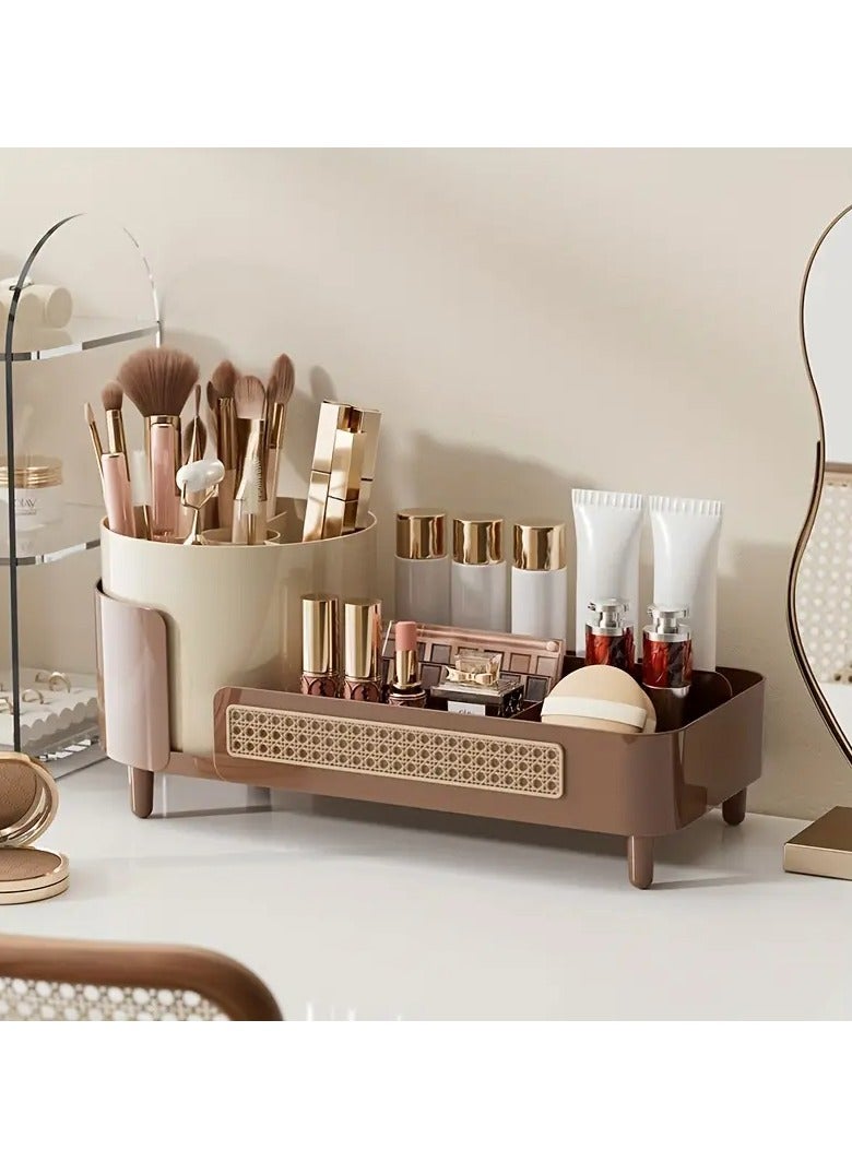 Arabest 360° Rotating Makeup Organizer with Large Capacity for Brushes, Lipsticks & Cosmetics – 2-in-1 Bathroom Vanity Storage Box, Beige Plastic Design, Multi-Functional Beauty Display Organizer, Vanity Accessories(Cream Tea Brown) - Image 1