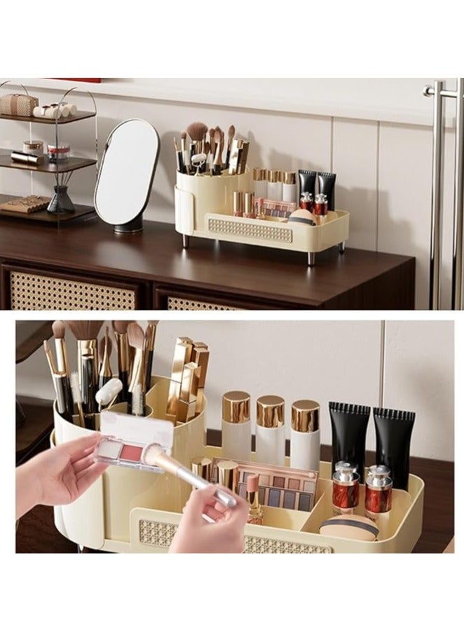 Arabest 360° Rotating Makeup Organizer with Large Capacity for Brushes, Lipsticks & Cosmetics – 2-in-1 Bathroom Vanity Storage Box, Beige Plastic Design, Multi-Functional Beauty Display Organizer, Vanity Accessories(Cream Tea Brown) - Image 2