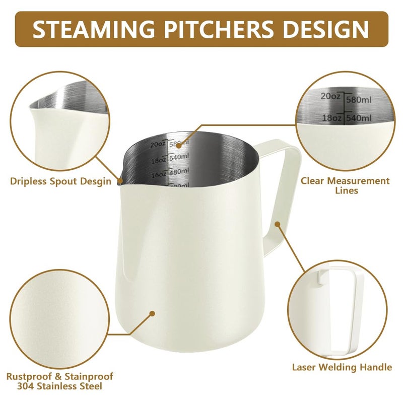 NewGF Frothing Milk Pitcher, 20 oz/600 ml Stainless Steel Frothing Milk Jug with Latte Art Pen,with Internal Measurements, for Cappuccino-White - Image 3