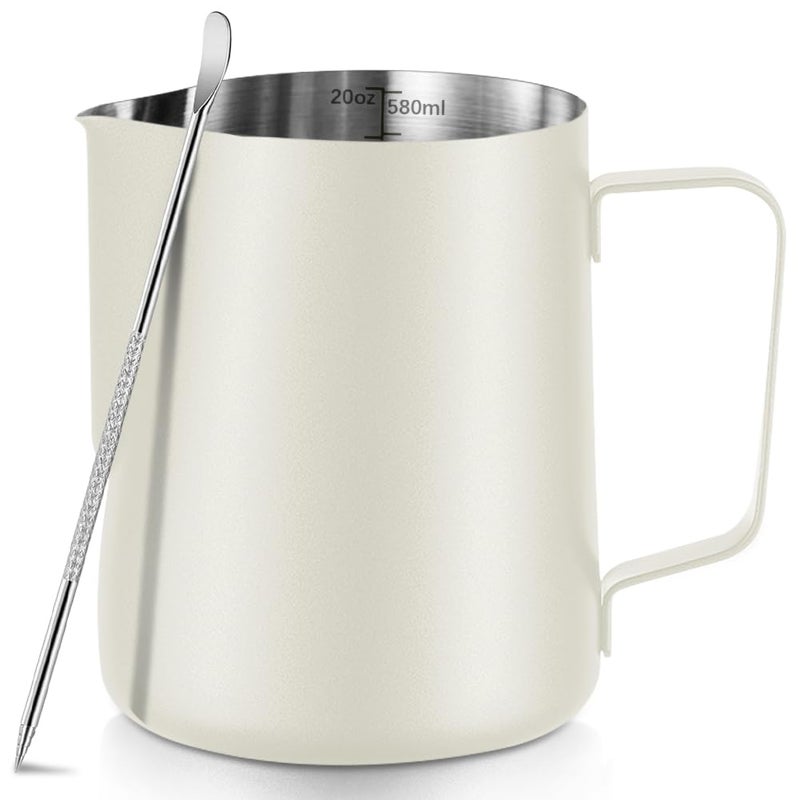 NewGF Frothing Milk Pitcher, 20 oz/600 ml Stainless Steel Frothing Milk Jug with Latte Art Pen,with Internal Measurements, for Cappuccino-White - Image 1