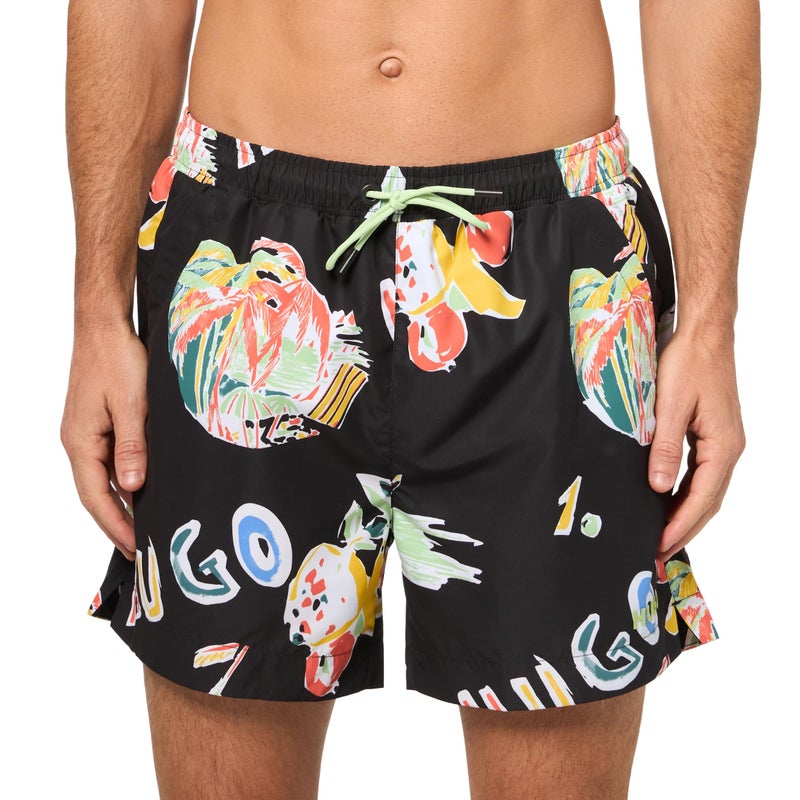 HUGO Tropical Leaf Swim Trunk Black Tropical Sails S