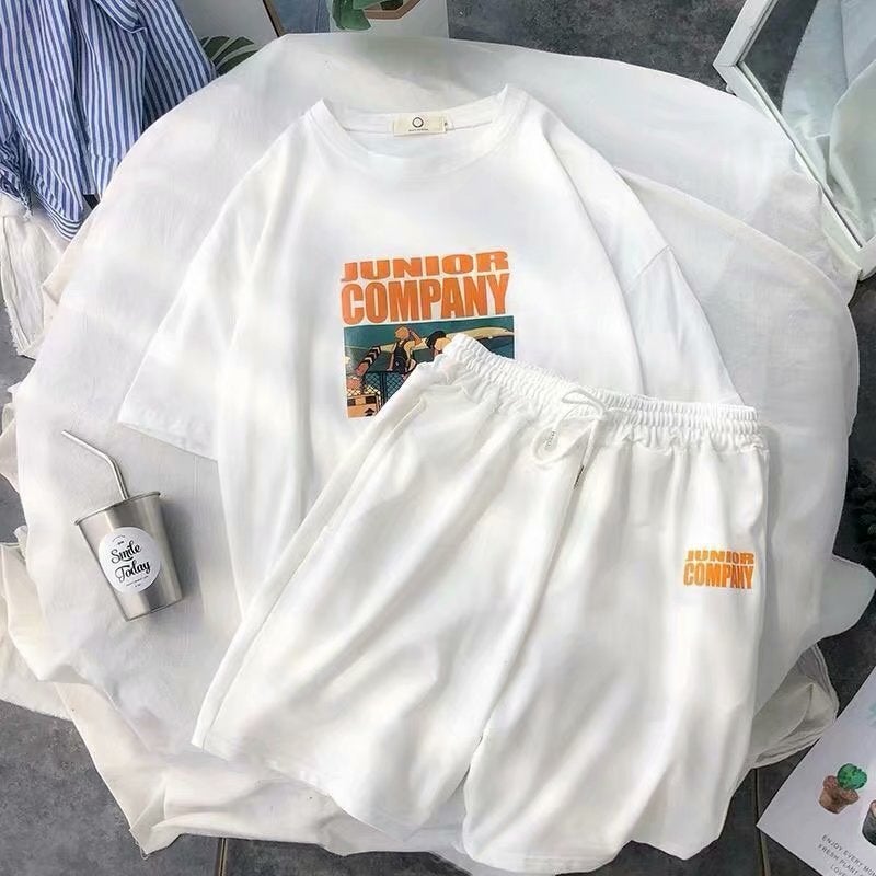 Mens Summer Casual Sportswear Cool Youth Outfit Set White top + white pants 
