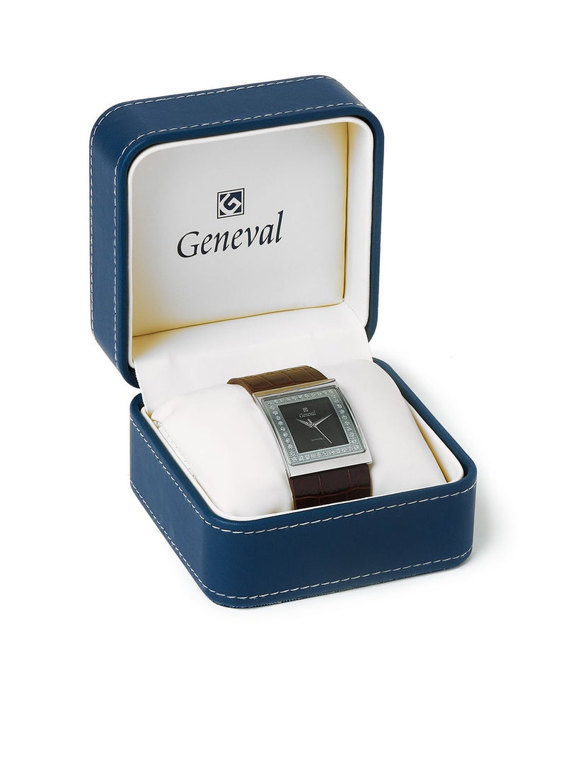 GENEVAL ساعة يد تناظرية بحزام جلدي GLS044WBO - 34 مم - بني - Image 5