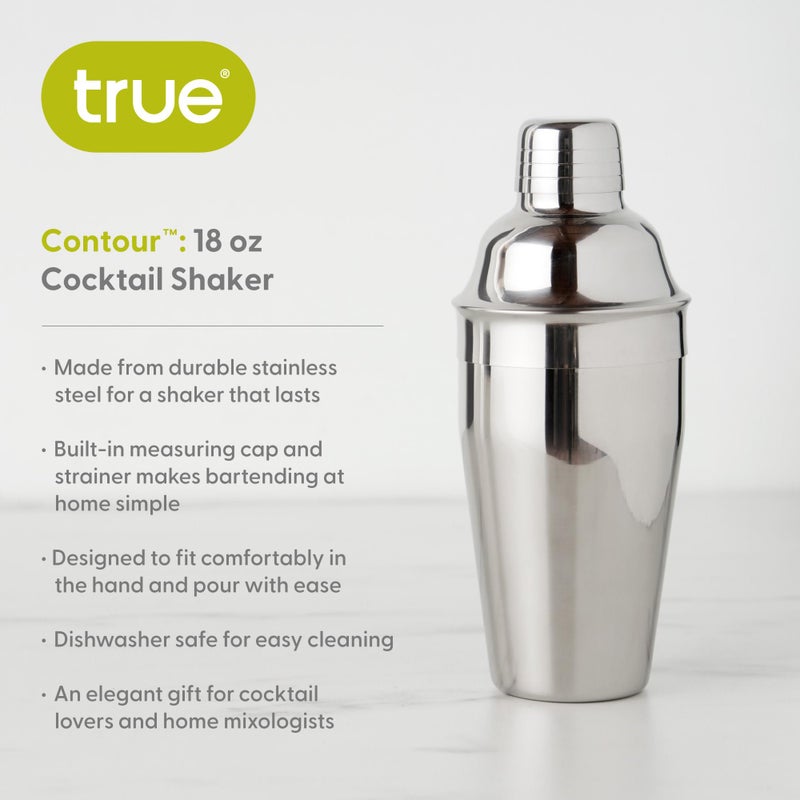 True Contour Cocktail Shaker, 18 oz Stainless Steel Cobbler Shaker With Cap And Strainer - Drink Shakers for Cocktails and Liquor - Image 3