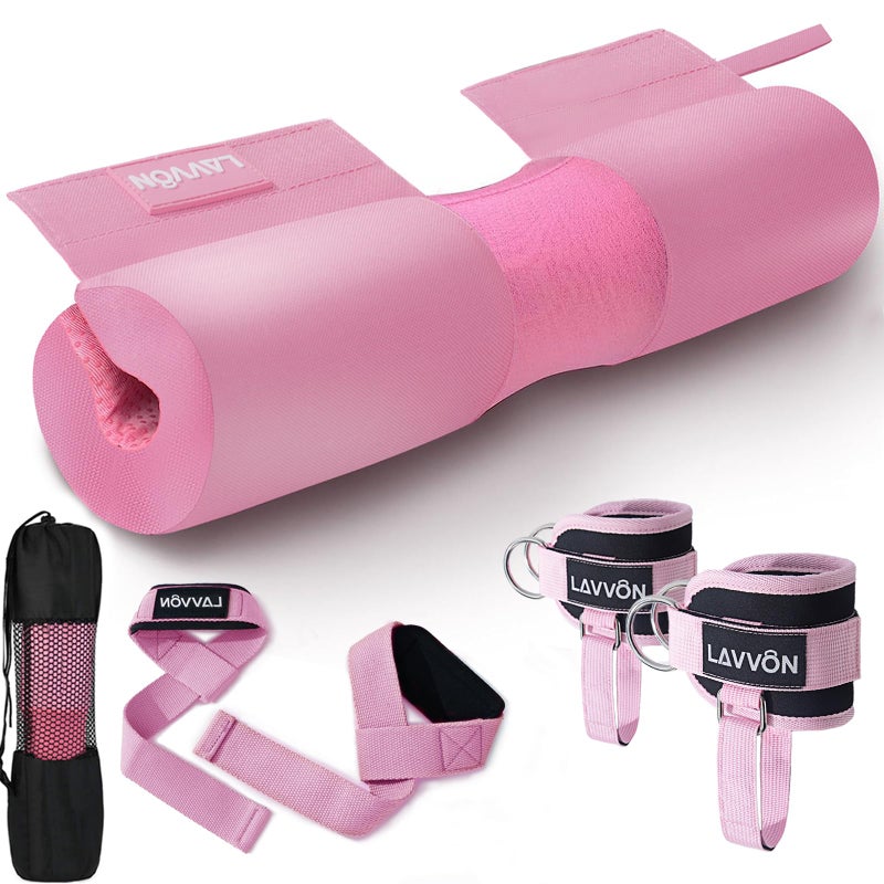 LAVVON Barbell Squat Pad Set Nylon Padding AntiSlip- Thick Foam Barbell Pad for Squats Cushion,Lunges&Bar Padding for Hip Thrusts -Standard Weight Bar Pad -With Wrist Straps Weightlifting (Ankle-Pink) - Image 1