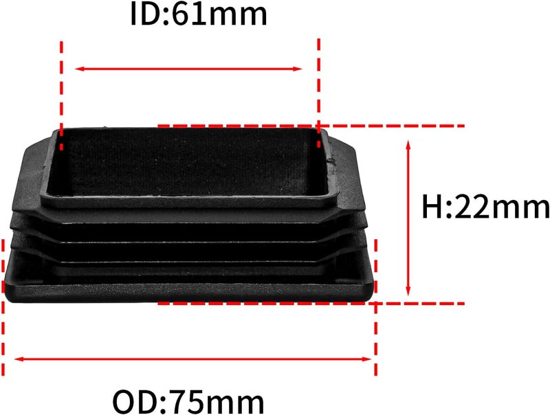 Flyshop 4 Pack Square Plastic Tube Chair Glide Insert Finishing Plug Black Tubing End Cap 75 x 75 mm, 3" x 3" - Image 2