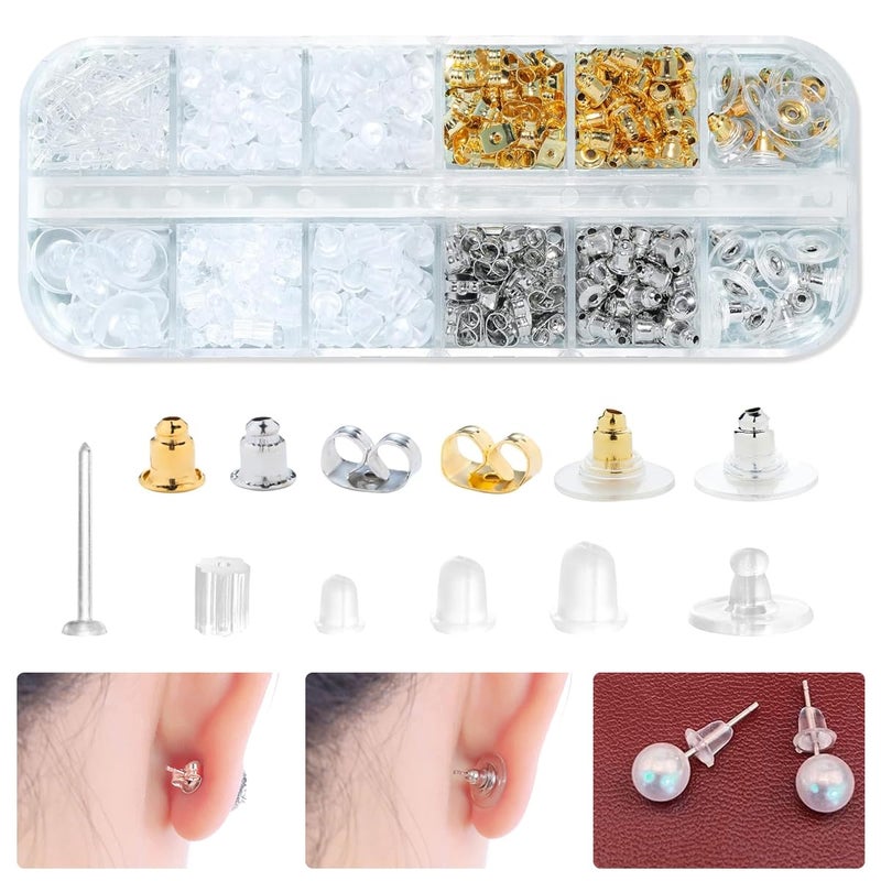 maycreate MAYCREATE® 600Pcs Earrings Back Stopper for Ear Studs, 12-Style Clear Earring Stopper Clutch Metal Silicone Earring Backs Replacement Kits for Fish Hook Earring Studs Hoops - with Storage Box  - Image 1