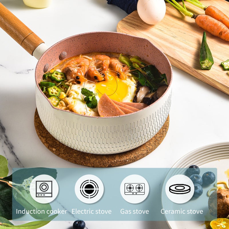 Nonstick Sauce Pan: Blue Large Maifan Stone Coating - Dual Pour Spout Small Pot With Long Wood Handle & Hanging Loop for Home Kitchen Soup Milk Egg Cooking - Image 4