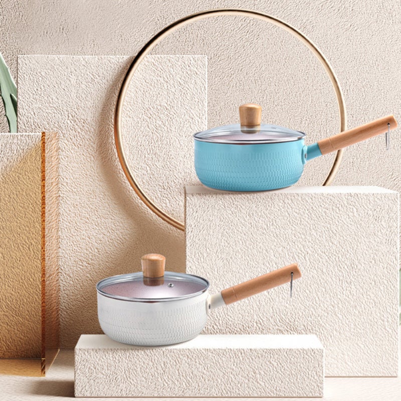 Nonstick Sauce Pan: Blue Large Maifan Stone Coating - Dual Pour Spout Small Pot With Long Wood Handle & Hanging Loop for Home Kitchen Soup Milk Egg Cooking - Image 3