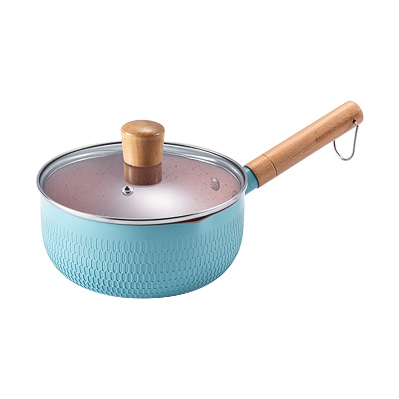 Nonstick Sauce Pan: Blue Large Maifan Stone Coating - Dual Pour Spout Small Pot With Long Wood Handle & Hanging Loop for Home Kitchen Soup Milk Egg Cooking - Image 1