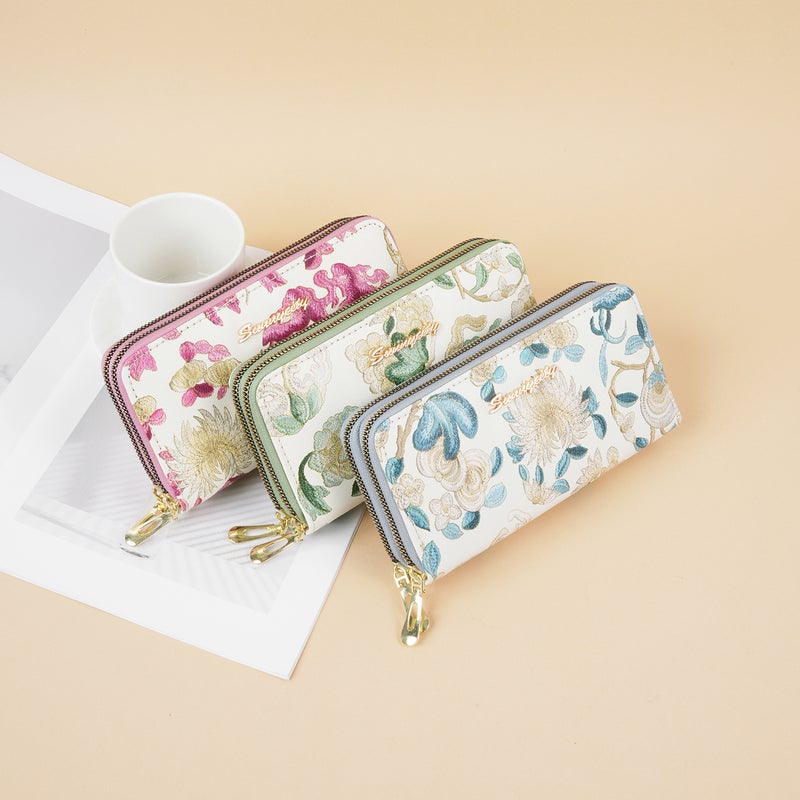 New Chinese Style Embroidered Women's Long Wallet, Large Capacity Dual Zipper Handbag with Card/Coin/Phone Pockets - Image 3