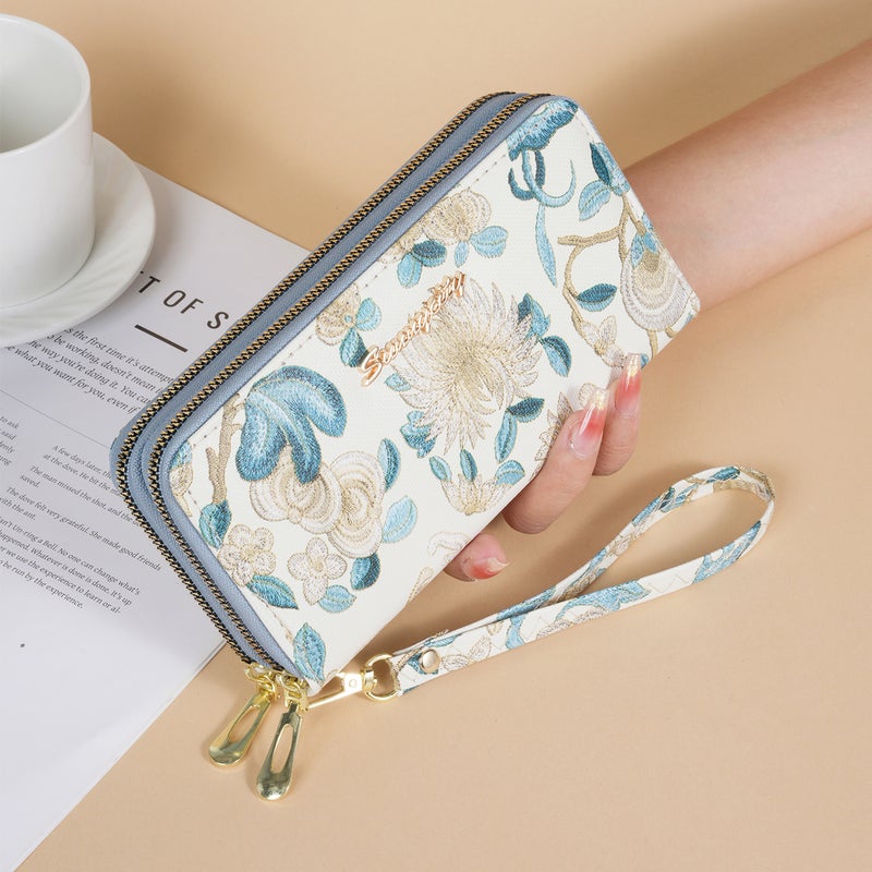 New Chinese Style Embroidered Women's Long Wallet, Large Capacity Dual Zipper Handbag with Card/Coin/Phone Pockets - Image 1