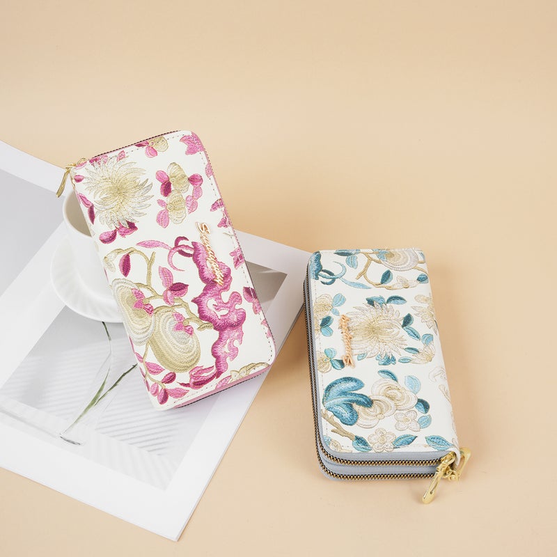 New Chinese Style Embroidered Women's Long Wallet, Large Capacity Dual Zipper Handbag with Card/Coin/Phone Pockets - Image 2