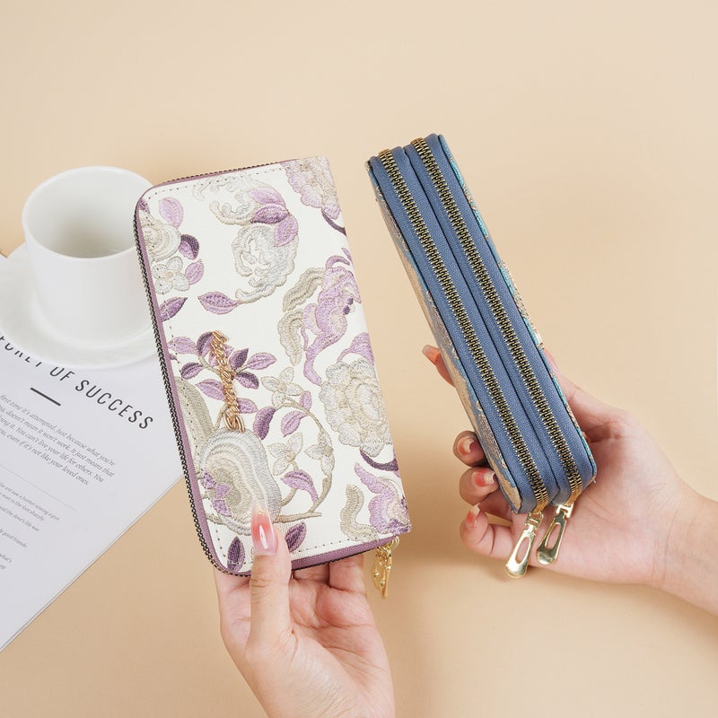 New Chinese Style Embroidered Women's Long Wallet, Large Capacity Dual Zipper Handbag with Card/Coin/Phone Pockets - Image 4