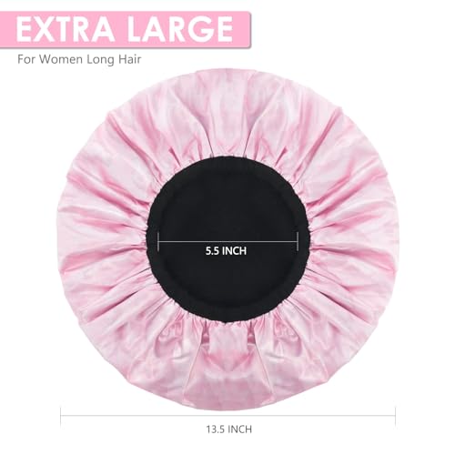 Aquior Shower Cap,Extra Large Triple Layer Bathing Cap with Dry Hair Function for Women Microfiber Terry Cloth Silky Satin 100% Waterproof Reusable Long Hair Bath Caps (Pink Cloud) - Image 3