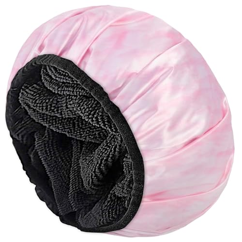Aquior Shower Cap,Extra Large Triple Layer Bathing Cap with Dry Hair Function for Women Microfiber Terry Cloth Silky Satin 100% Waterproof Reusable Long Hair Bath Caps (Pink Cloud) - Image 1