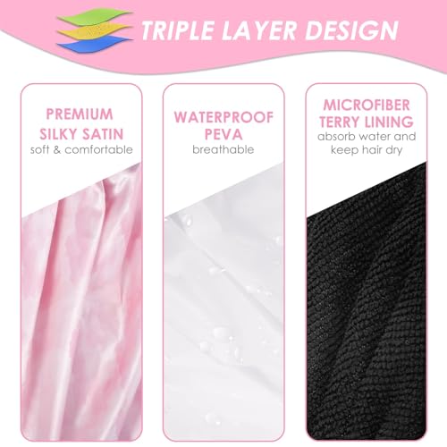 Aquior Shower Cap,Extra Large Triple Layer Bathing Cap with Dry Hair Function for Women Microfiber Terry Cloth Silky Satin 100% Waterproof Reusable Long Hair Bath Caps (Pink Cloud) - Image 4