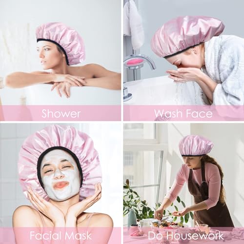 Aquior Shower Cap,Extra Large Triple Layer Bathing Cap with Dry Hair Function for Women Microfiber Terry Cloth Silky Satin 100% Waterproof Reusable Long Hair Bath Caps (Pink Cloud) - Image 5