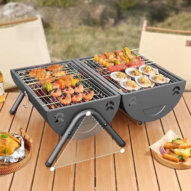 VIO ® Barbecue Grill Stainless Steel Charcoal Grill Foldable Durable Outdoor Household Camping BBQ Smoker for Outdoor Cooking Picnic Patio Backyard Camping Cooking (Barbecue With Lid) - Image 5