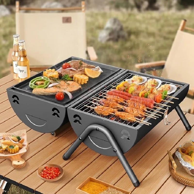 VIO ® Barbecue Grill Stainless Steel Charcoal Grill Foldable Durable Outdoor Household Camping BBQ Smoker for Outdoor Cooking Picnic Patio Backyard Camping Cooking (Barbecue With Lid) - Image 1