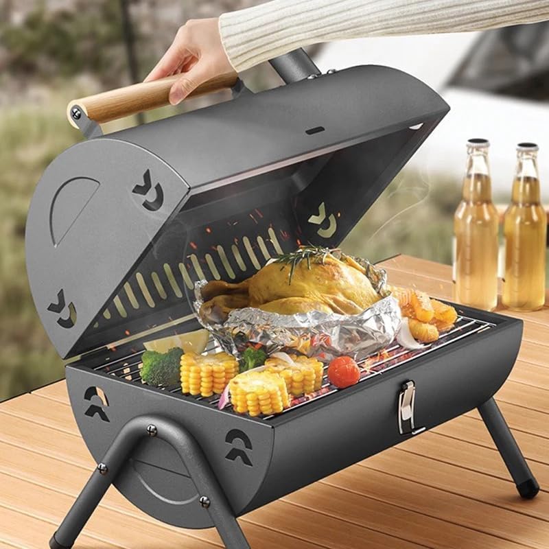 VIO ® Barbecue Grill Stainless Steel Charcoal Grill Foldable Durable Outdoor Household Camping BBQ Smoker for Outdoor Cooking Picnic Patio Backyard Camping Cooking (Barbecue With Lid) - Image 2