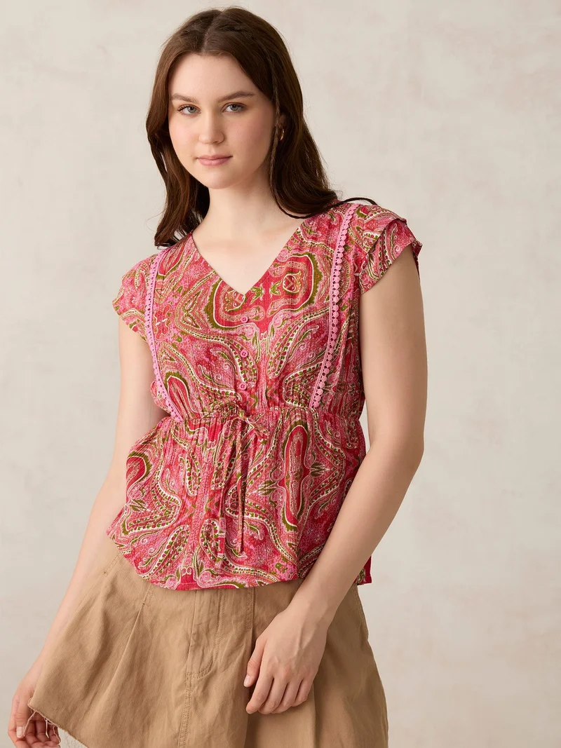 Outzidr Pink Pink Printed Crinkled Blouse for Women | Best Price UAE