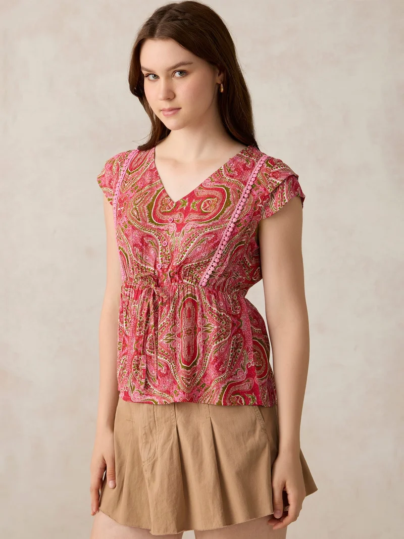 Outzidr Pink Pink Printed Crinkled Blouse for Women | Best Price UAE