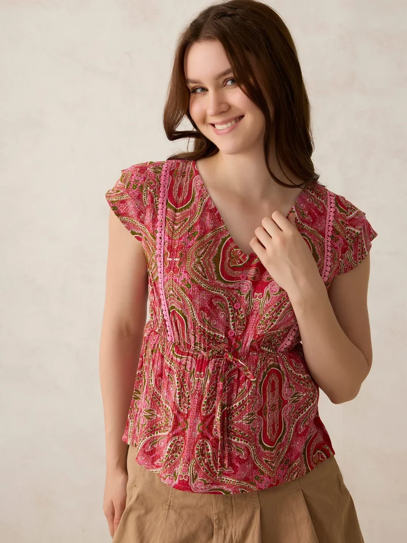 Outzidr Pink Pink Printed Crinkled Blouse for Women | Best Price UAE
