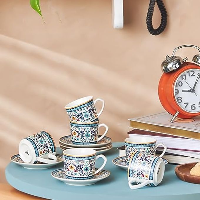 KARACA Beylerbeyi Turkish Coffee Cup Set for 6 People - 12 Piece Cups with Saucers - Small Porcelain Espresso Set - Ideal for Serving Greek, Arabic Coffee (2.7 fl oz)