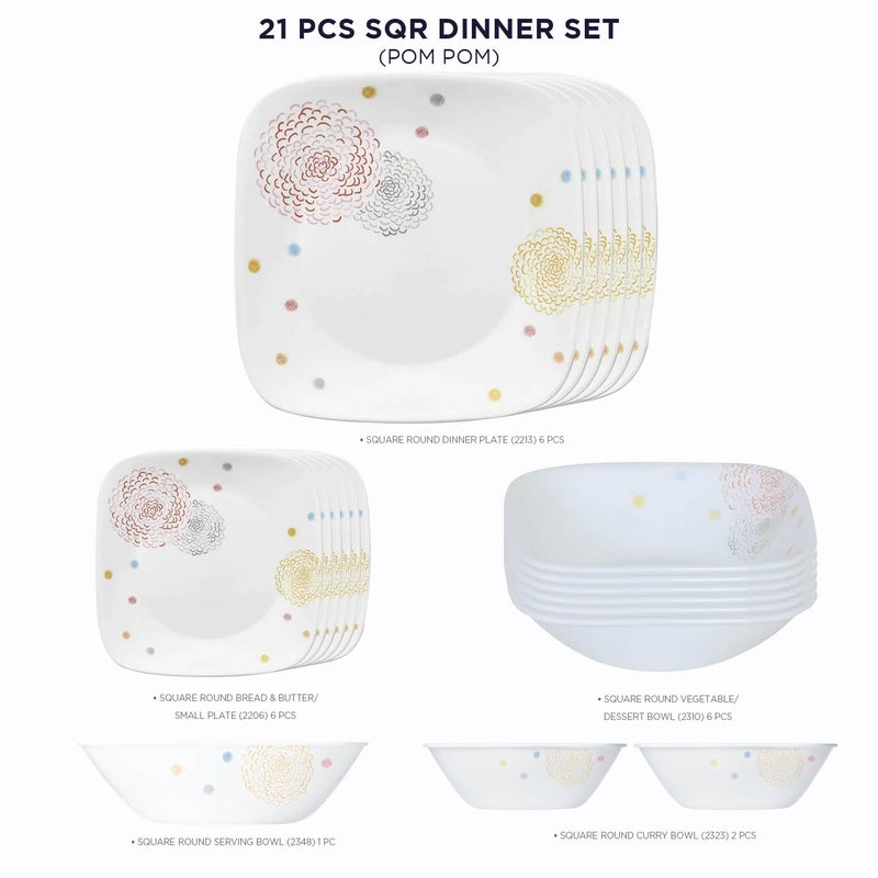 Corelle Corelle 21 Pc Square Round Dinner Set - POM POM White  - Image 3