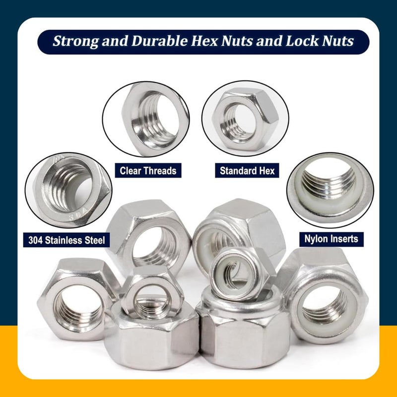 Generasis Stainless Steel SS304 Hexaganol Nuts M3 M4 M5 M6 M8 M10 M12 Small Assortment Kit 189 Pieces